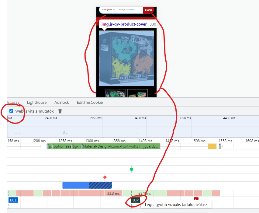 Google Chrome console - elemző: a Prestashop LCP-je itt látható