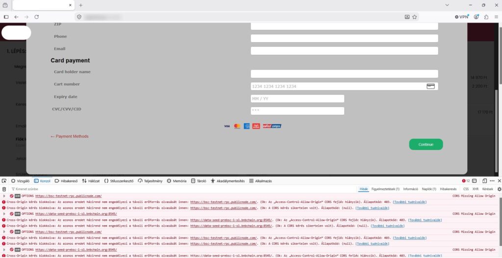 Hamis, teljes képernyős kártyás fizetési ablak egy feltört PrestaShop webáruház pénztár oldalán